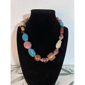 Vintage Multicolor Nugget Silver Tone Necklace Glass Beads Elegant Gift Classic